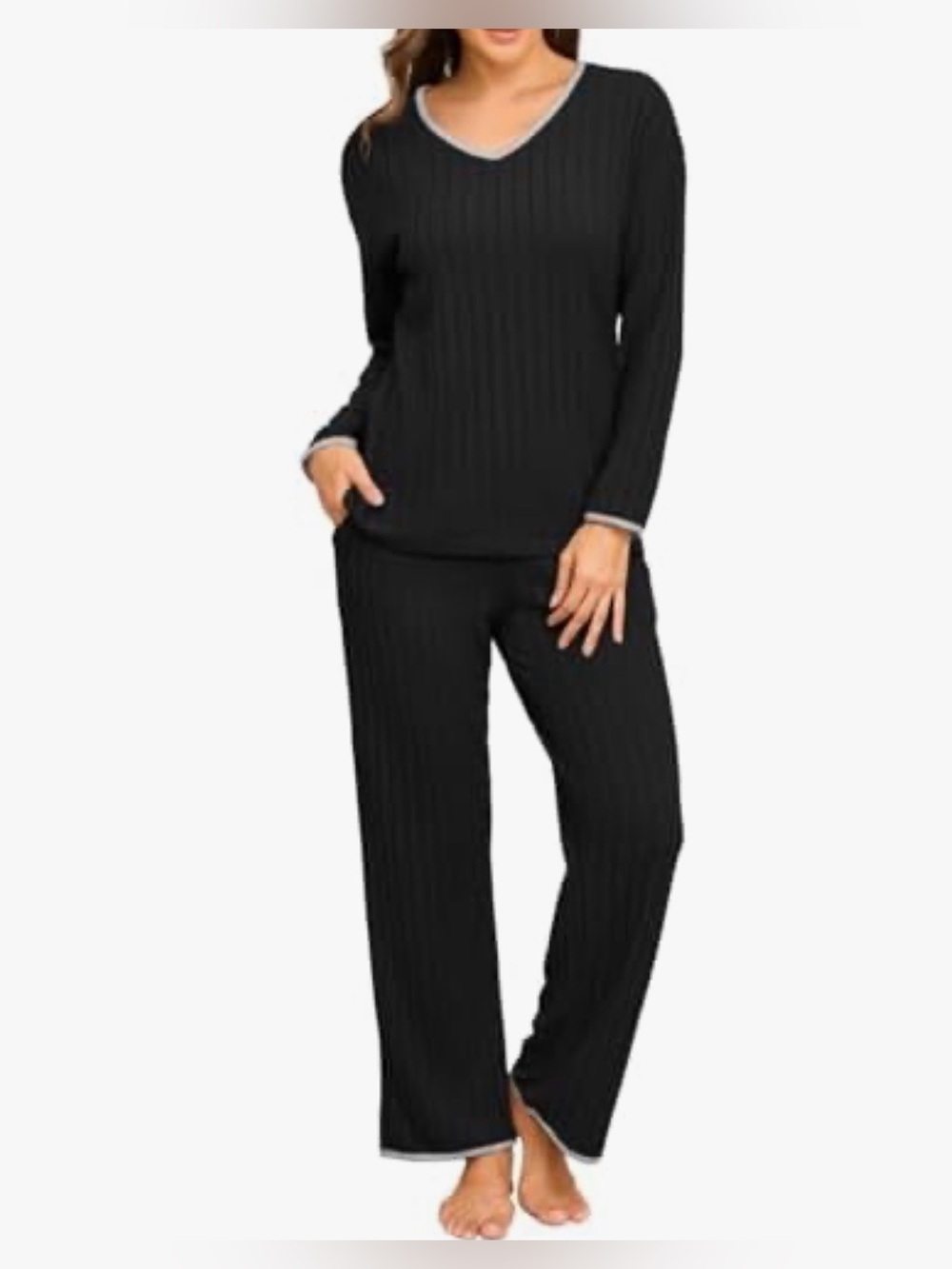 A172 PrinStory Womens XL Black Long Sleeve V Neck Ribbed Pajama Set NWT